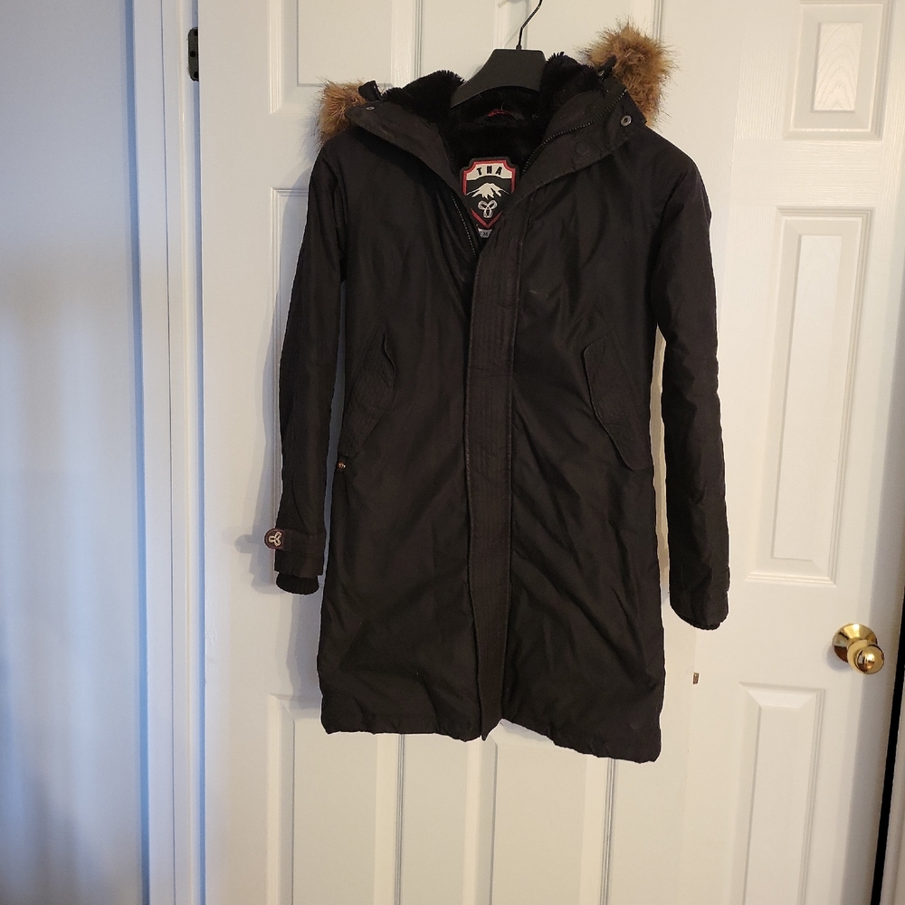 TNA Black Hooded Ski Jacket with Fur Trim